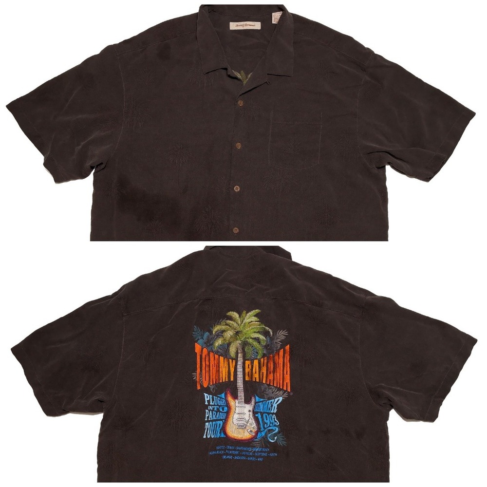 Tommy Bahama Shirt XXL 2XL Brown Paradise Tour Summer 1993 Embroidered Silk Flaw